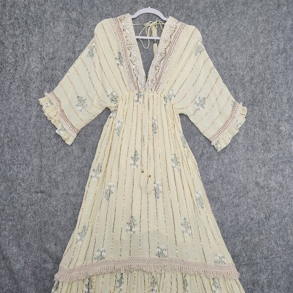 Namaste India Gold Metallic Sequin Tiered Maxi Dress Small Yellow Boho Fairy - Picture 1 of 14